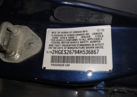 2004 Honda Civic Ex from USA, damaged, VIN 2HGES26794H536867